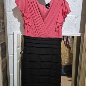 Elegant Coral and Black Ruffle Midi Dress